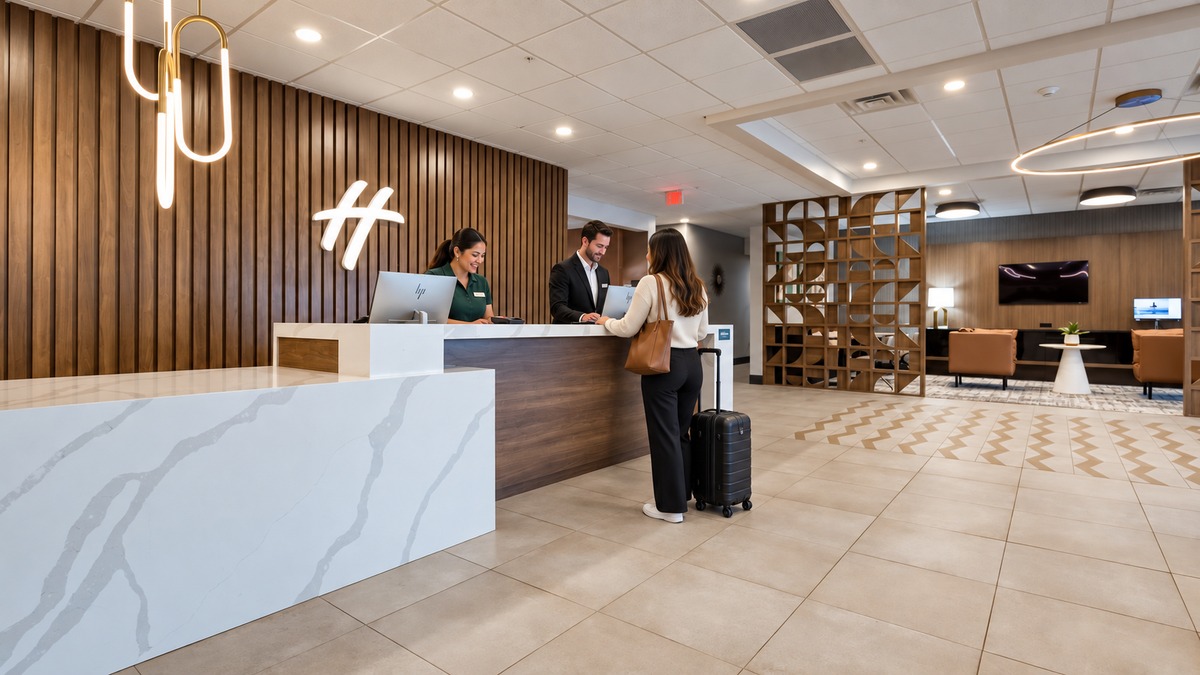 Two hotel employees assist a guest with a rolling suitcase at a MNJ Hospitality hotel front desk.